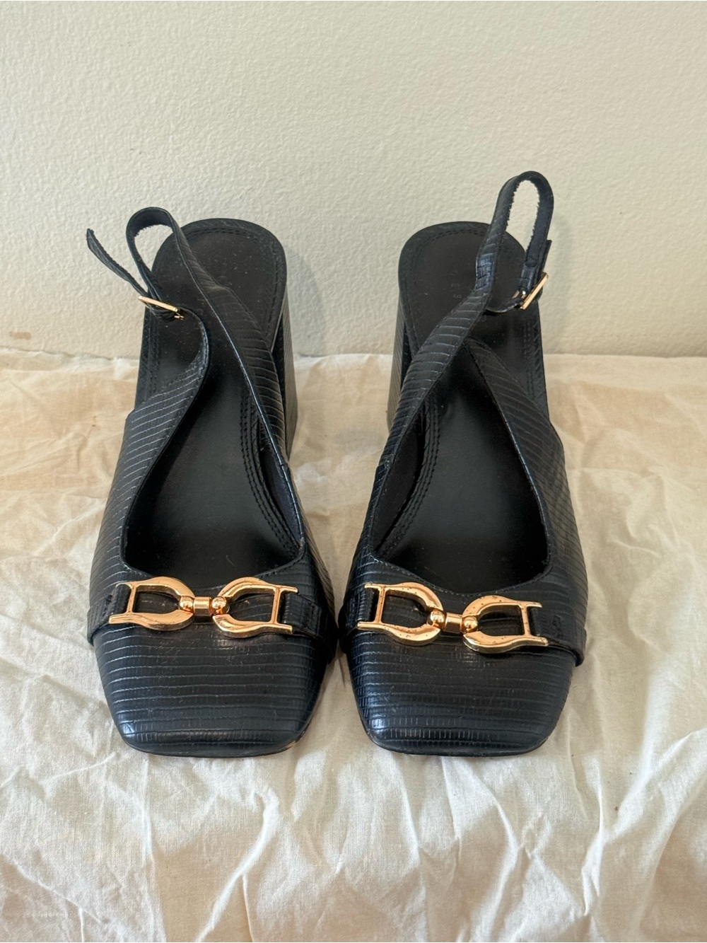 ASOS Women’s Black Slingback Heels with Gold Buckle Detail